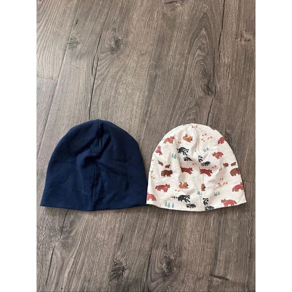 H&M 2-pack cotton hats - White/Bear /Navy  Lined size 18 m- 2 T